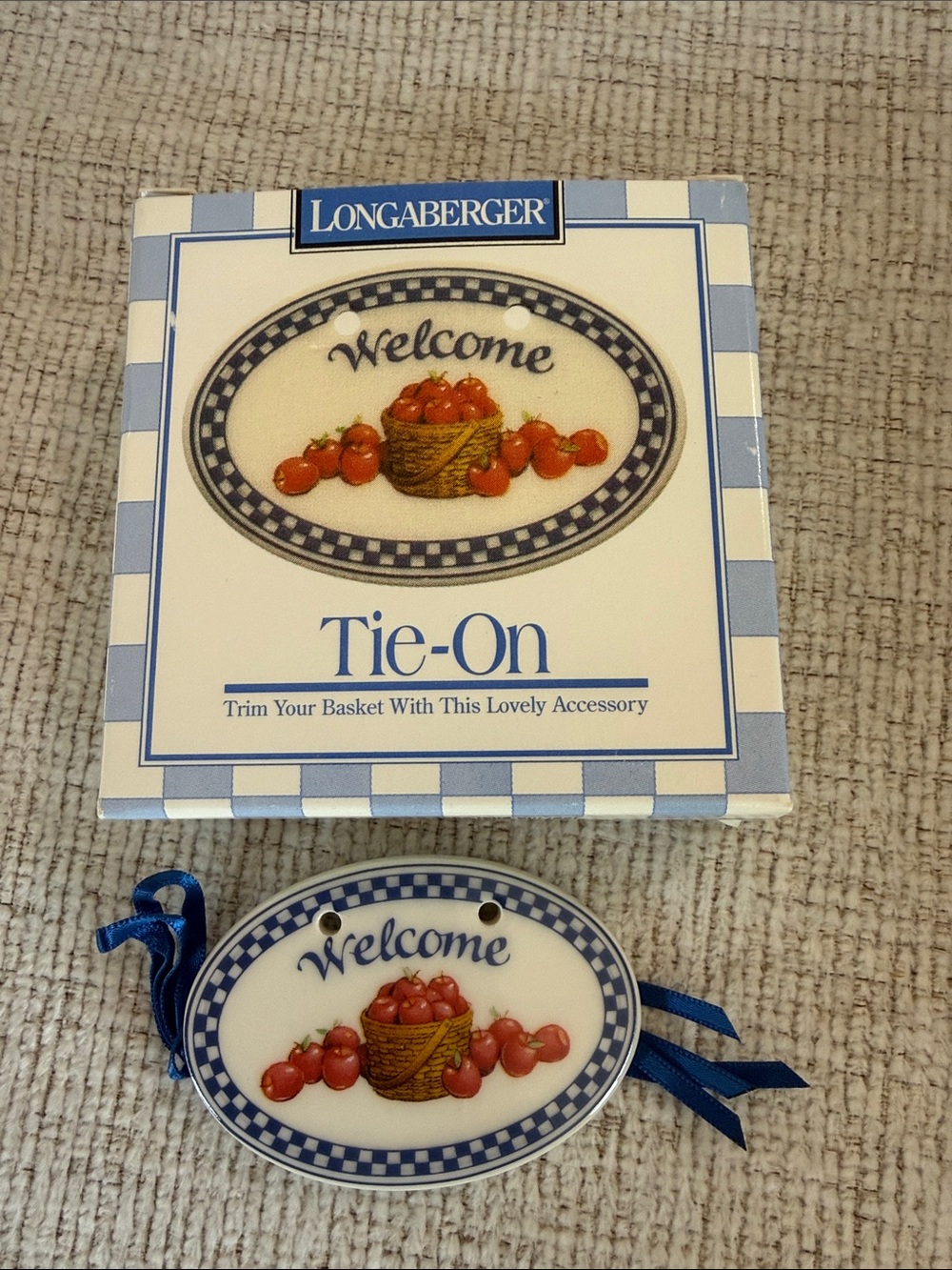 Longaberger Blue and White Ceramic "Welcome" Tie-On